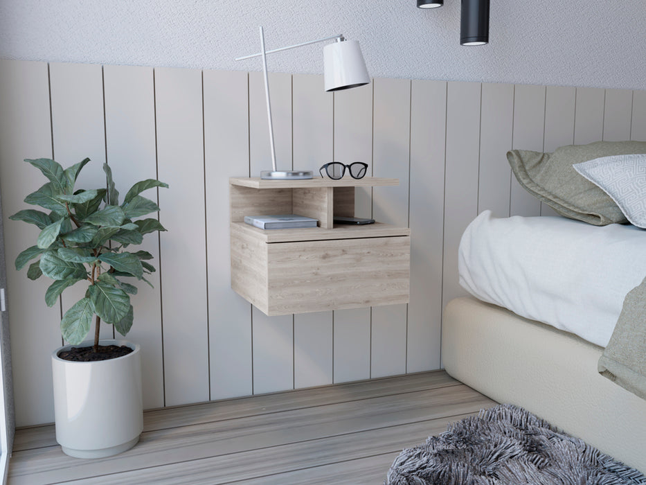 Mesa de Noche Flotante Nube, Humo, con un Cajón y División de dos Entrepaños X2