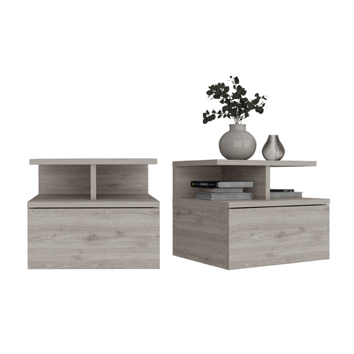 Mesa de Noche Flotante Nube, Humo, con un Cajón y División de dos Entrepaños X2