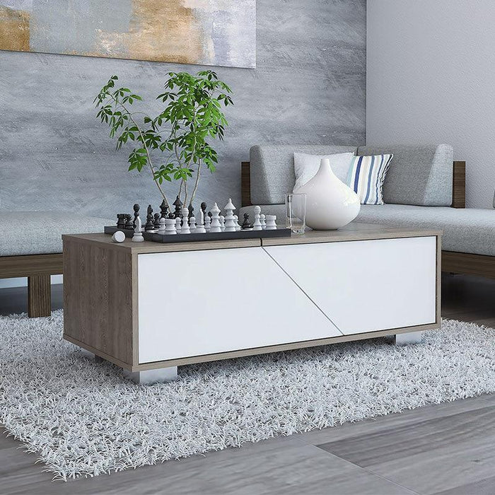 Mesa de Centro Orus, Miel y Blanco, con Cuatro Puertas y Patas En Acero