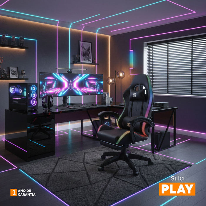 muebles oficina escritorio silla gamer negro con luces reposapies play bonno rs213070 madecentro