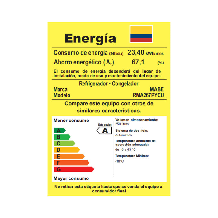 Nevera No Frost Mabe de 267 litros en acabado inoxidable