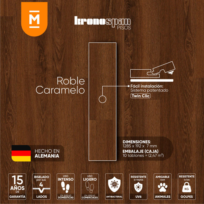 Piso laminado Roble Caramelo 7 mm AC3 23-31 para interiores.