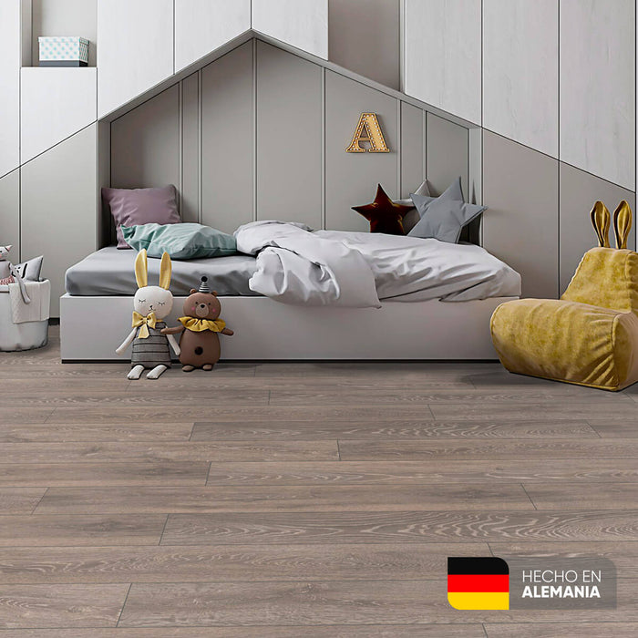 Piso laminado Roble Humo 7 mm AC3 23-31 para interiores.