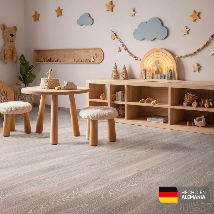 Piso laminado Roble Humo 7 mm AC3 23-31 para interiores.