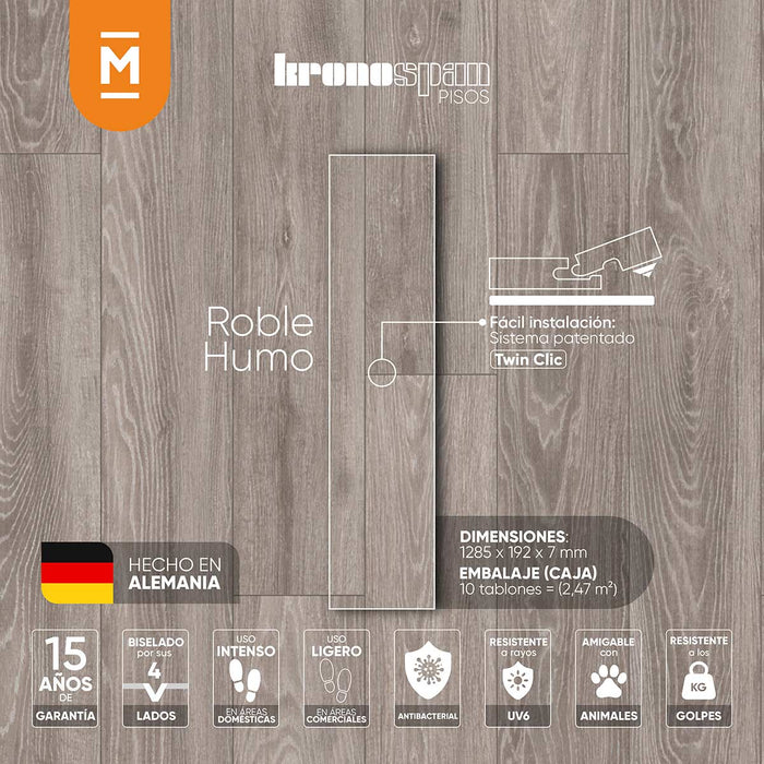 Piso laminado Roble Humo 7 mm AC3 23-31 para interiores.