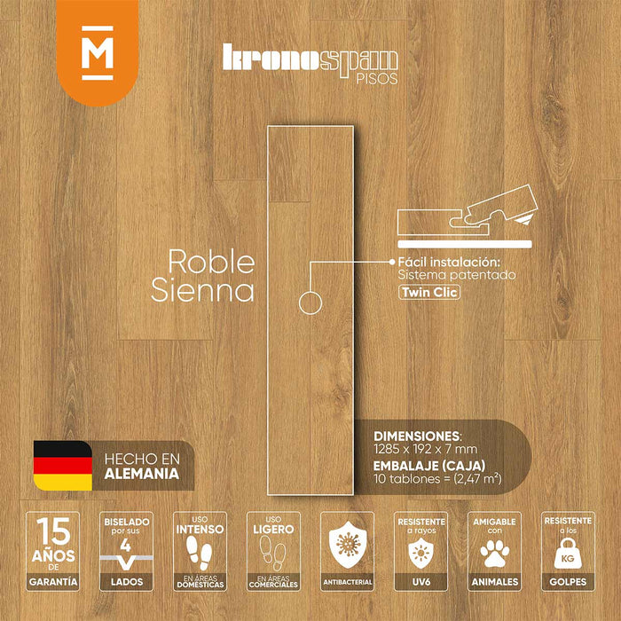 Piso laminado Roble Sienna 7 mm AC3 23-31 para interiores.