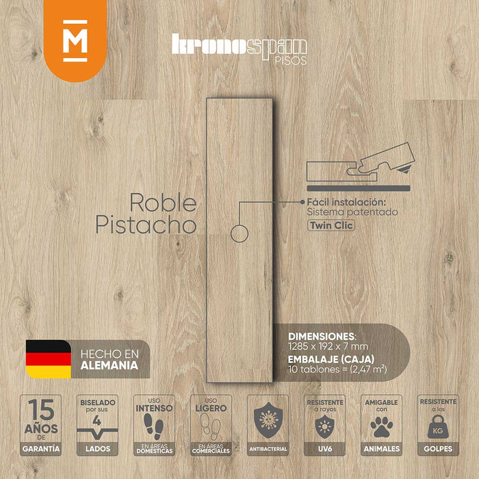 Piso laminado Roble Pistacho 7 mm AC3 23-31 para interiores.