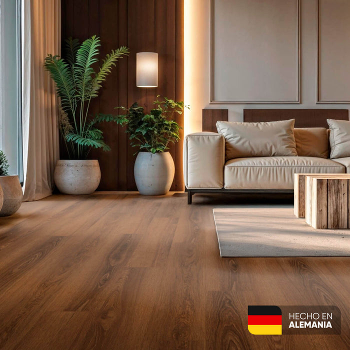 Piso laminado Roble Caramelo 7 mm AC3 23-31 para interiores.