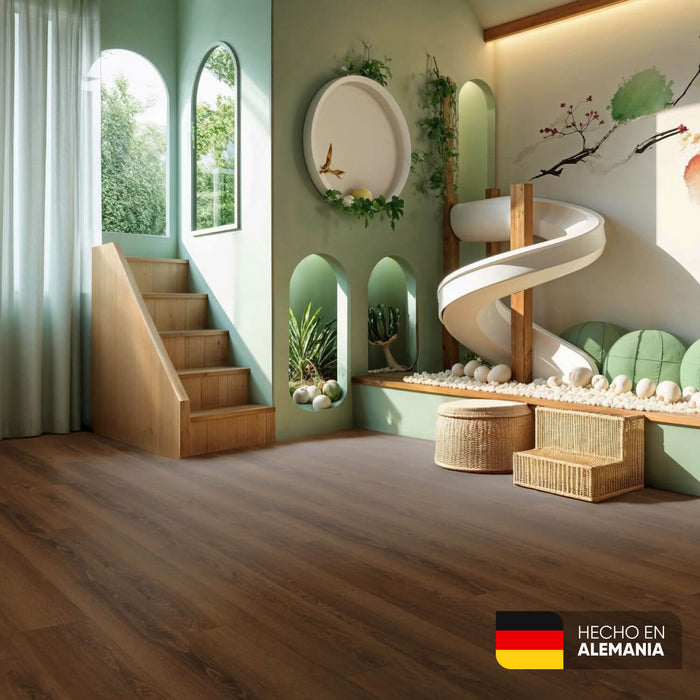 Piso laminado Roble Caramelo 7 mm AC3 23-31 para interiores.