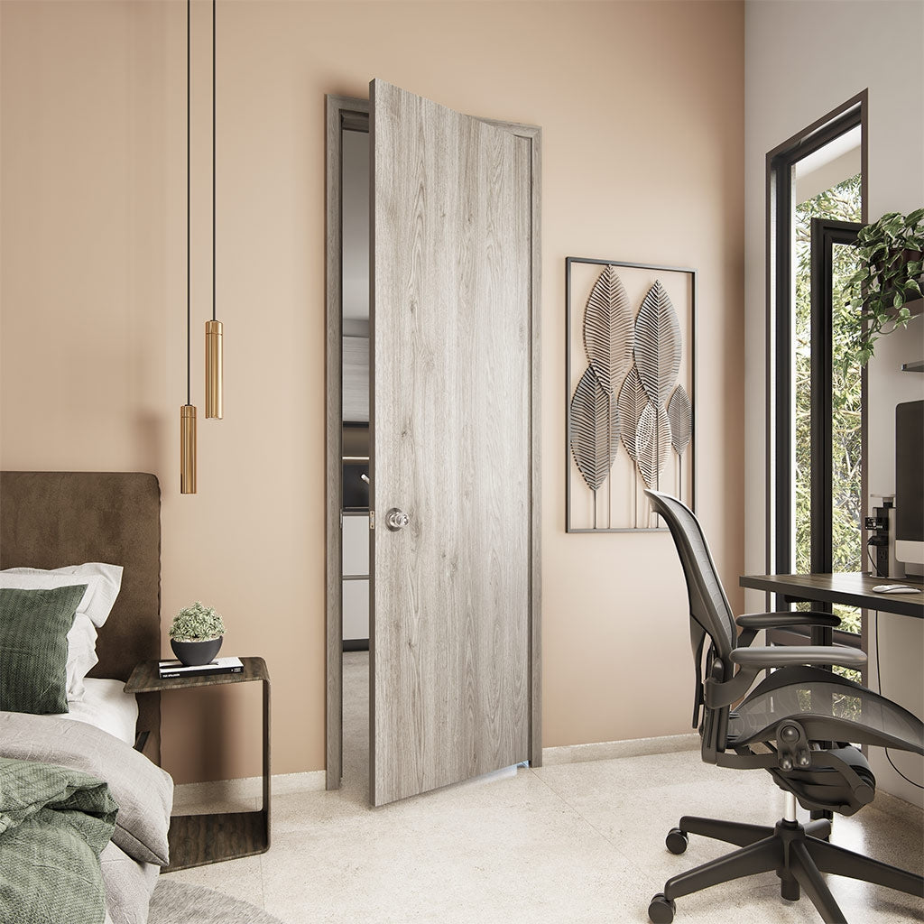 Puerta de madera melaminica sin marco veta vertical color ceniza incluye cerradura + 4 bisagras