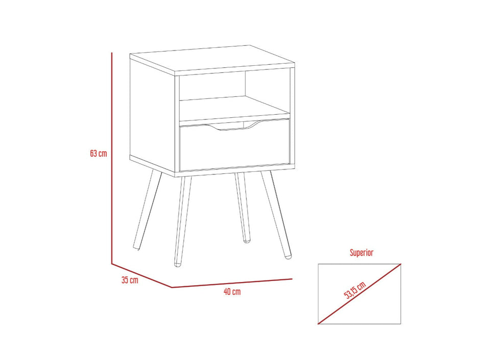 Mesa de Noche Alesio, Blanco y Café Claro, con Patas de Madera y Un Cajón