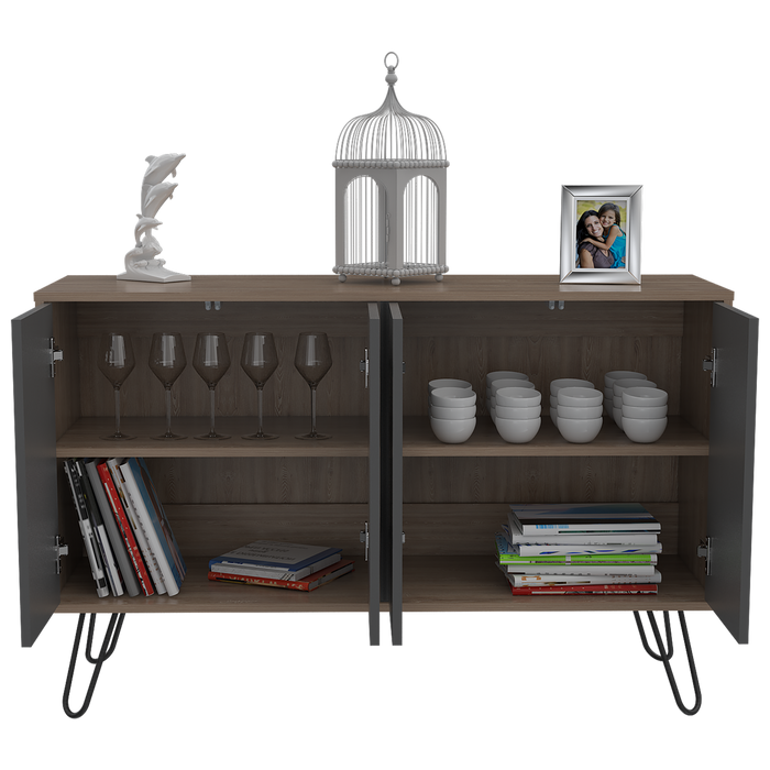 Mesa Auxiliar Lara, Miel y Plata Oscuro, con Varios Entrepaños y Patas Metálicas