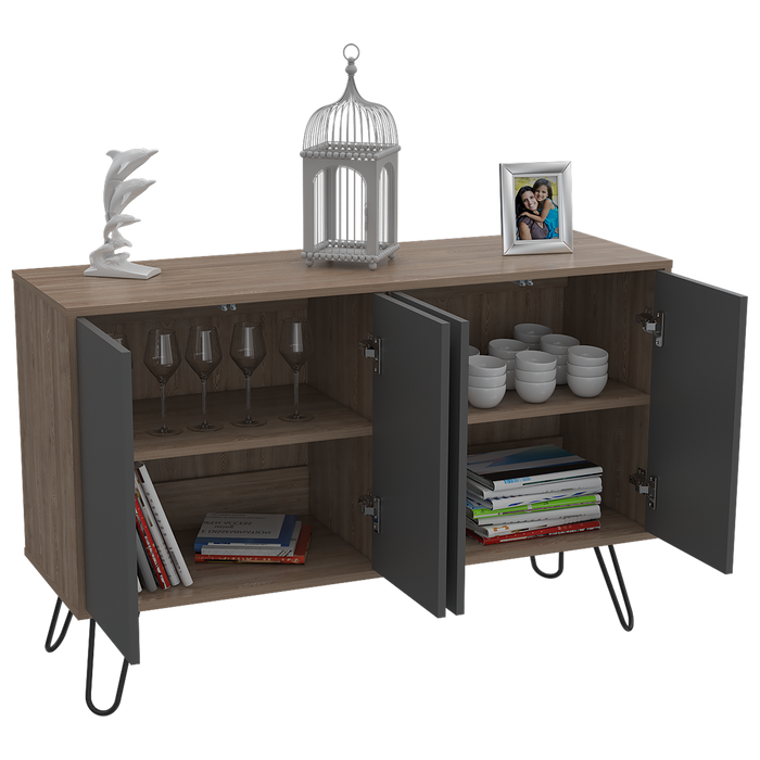 Mesa Auxiliar Lara, Miel y Plata Oscuro, con Varios Entrepaños y Patas Metálicas