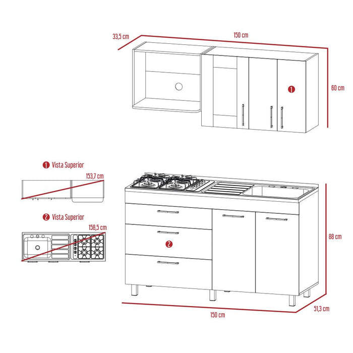 Cocina Integral Farichi, Castaño y Blanco, Incluye Mesón Derecho