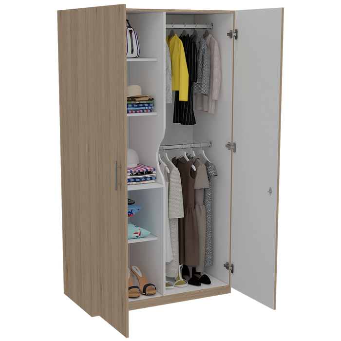 Closet trade, beige y blanco, con amplio espacio para