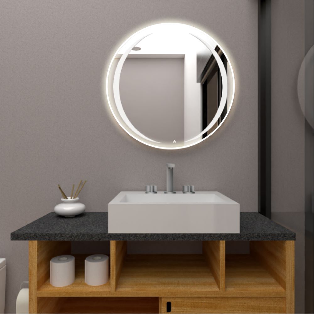 Espejo Circular Oliver, Gris, con Luz Led y Touch X2