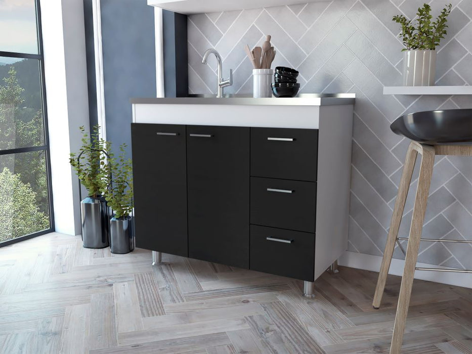 Gabinete inferior cantabria, wengue y blanco duqueza, con dos puertas batientes y tres cajones deslizables zf