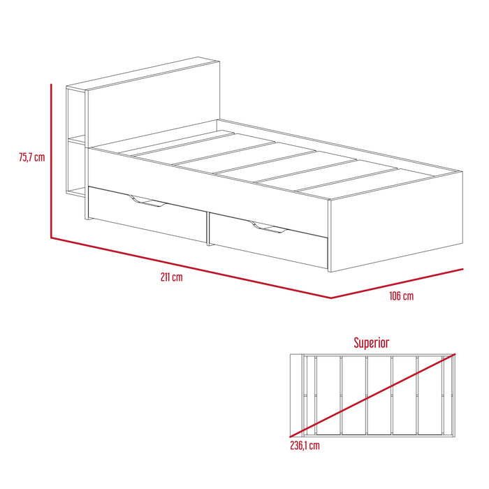 Cama Sencilla Lena, Cobre, con Detalle Funcional En La Cabecera Para Libros y Objetos Personales