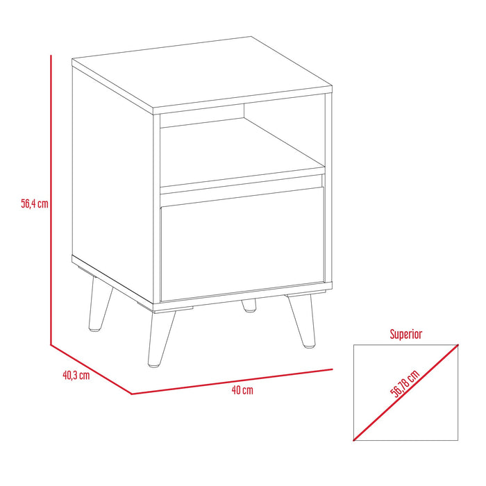 Mesa de Noche Diogo, Avellana y Blanco, con Un Cajón Inferior Deslizable y Patas de Madera X2