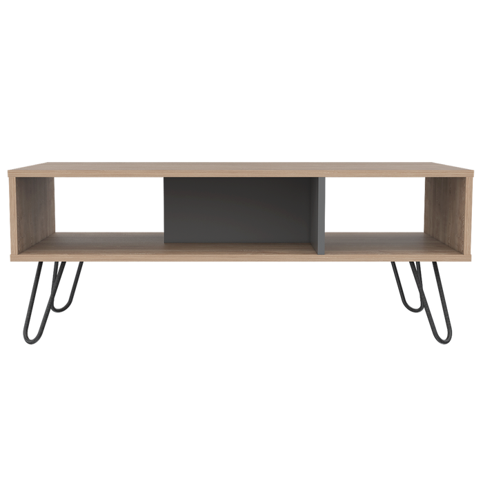 Mesa de Centro Lara, Miel y Plata Oscuro, con Amplio Espacio y Patas de Acero