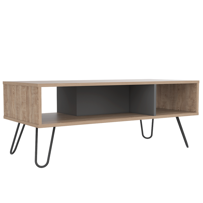 Mesa de Centro Lara, Miel y Plata Oscuro, con Amplio Espacio y Patas de Acero