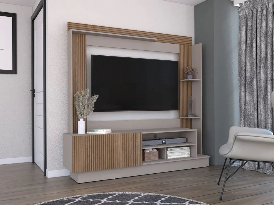 Mesa para tv doha, café claro, con variedad de entrepaños