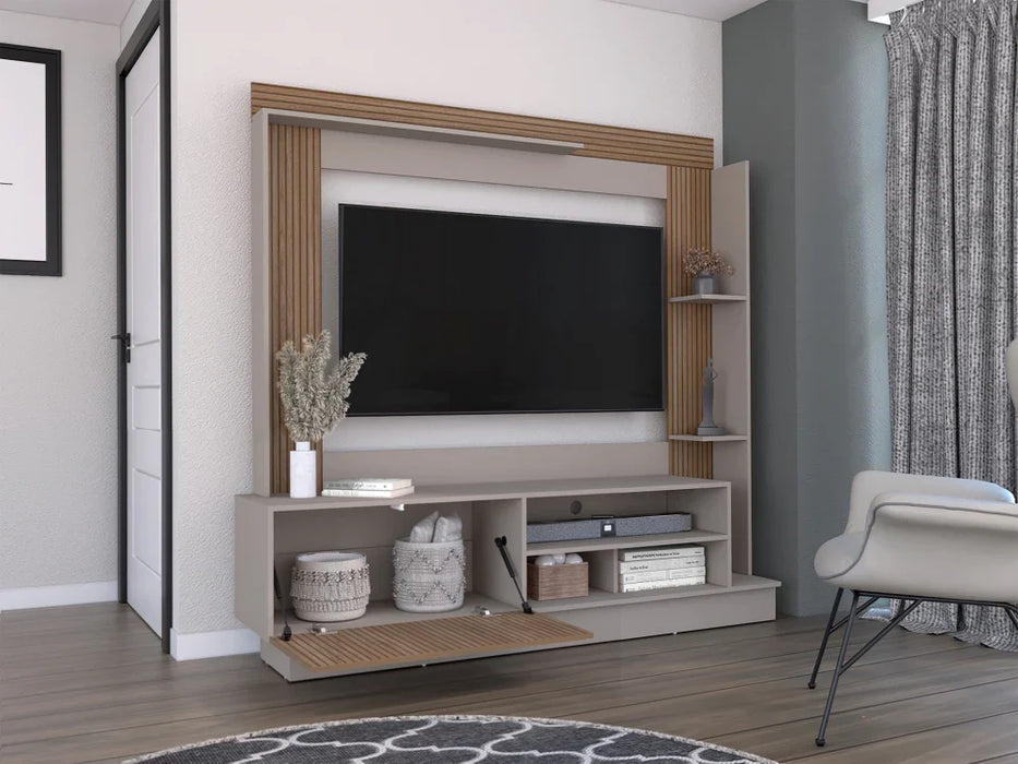 Mesa para tv doha, café claro, con variedad de entrepaños