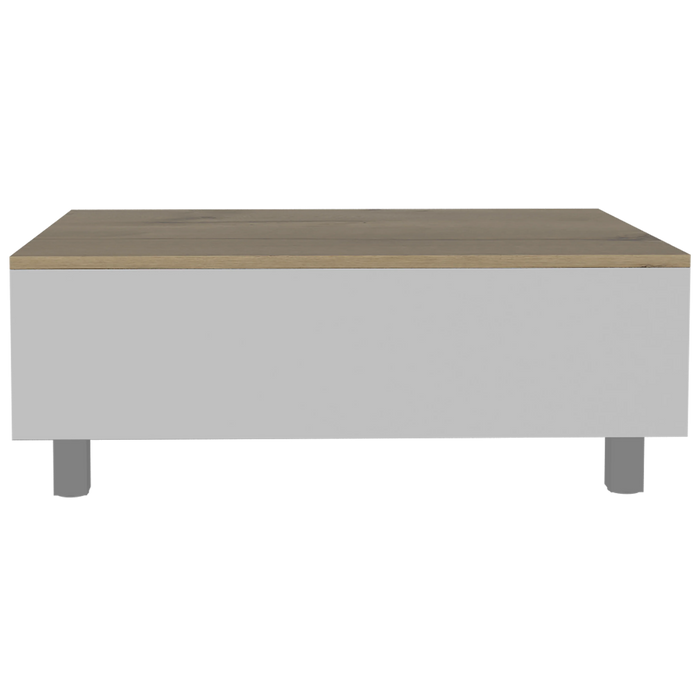 Mesa de centro albar, blanco y café claro, con entrepaño extensible y espacio para almacenamiento zf
