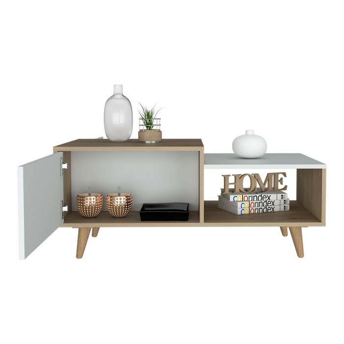 Mesa de centro trueno, beige y blanco vainilla, con amplio espacio ideal para ubicar decoraciones