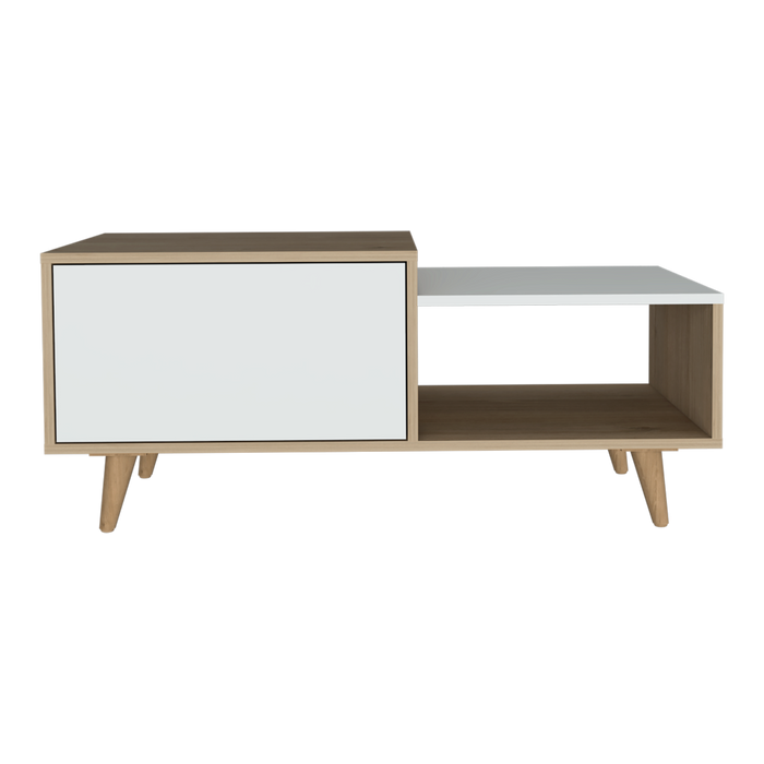 Mesa de centro trueno, beige y blanco vainilla, con amplio espacio ideal para ubicar decoraciones