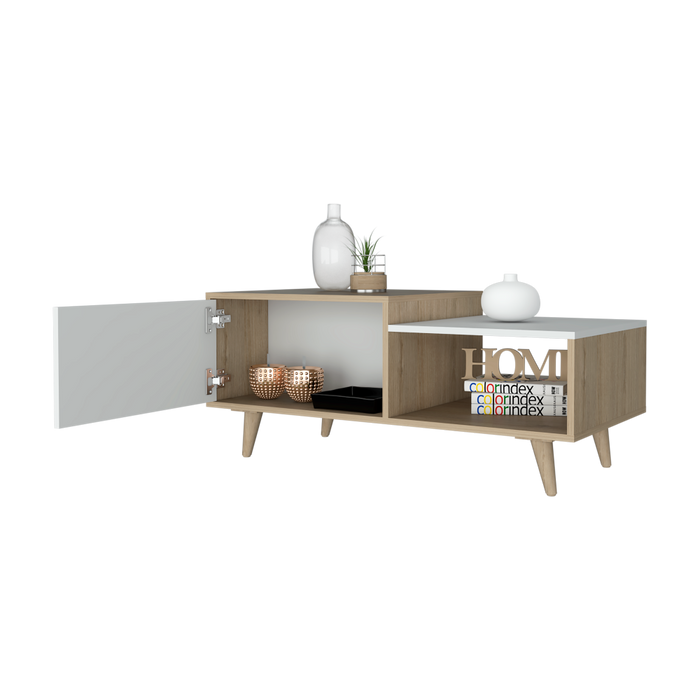 Mesa de centro trueno, beige y blanco vainilla, con amplio espacio ideal para ubicar decoraciones