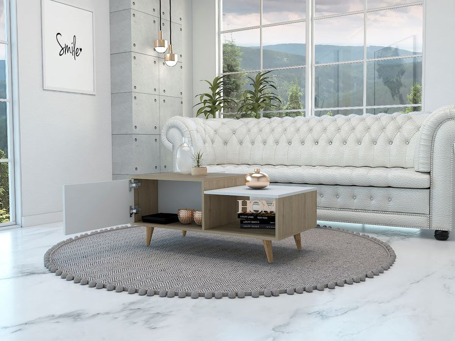 Mesa de centro trueno, beige y blanco vainilla, con amplio espacio ideal para ubicar decoraciones