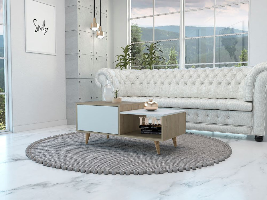 Mesa de centro trueno, beige y blanco vainilla, con amplio espacio ideal para ubicar decoraciones