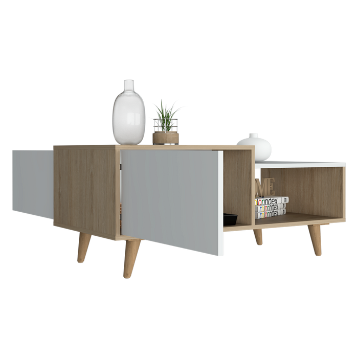 Mesa de centro trueno, beige y blanco vainilla, con amplio espacio ideal para ubicar decoraciones