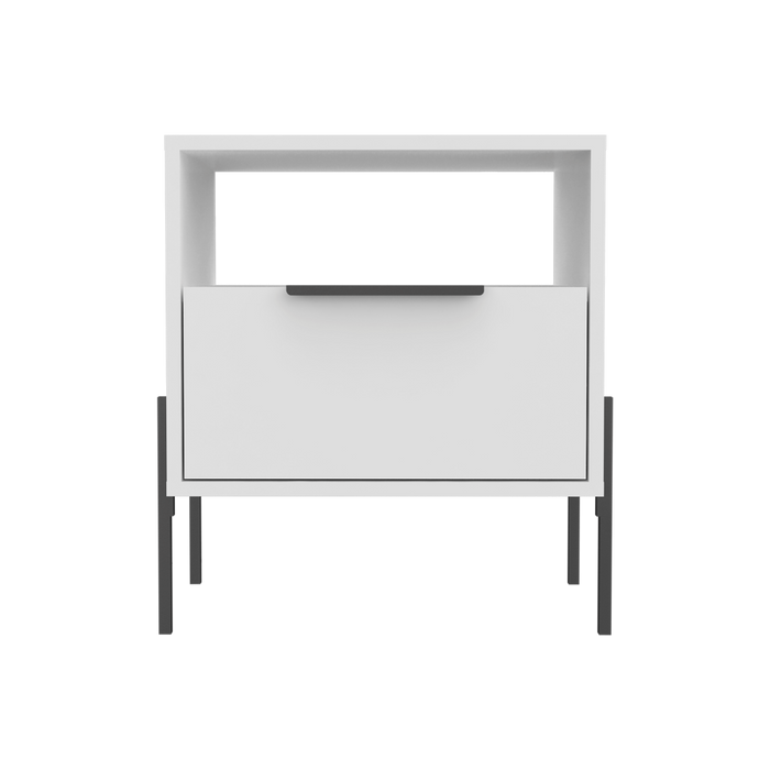 Mesa de noche wesley, blanco vainilla y gris oscuro, con un cajón deslizable y entrepñaos