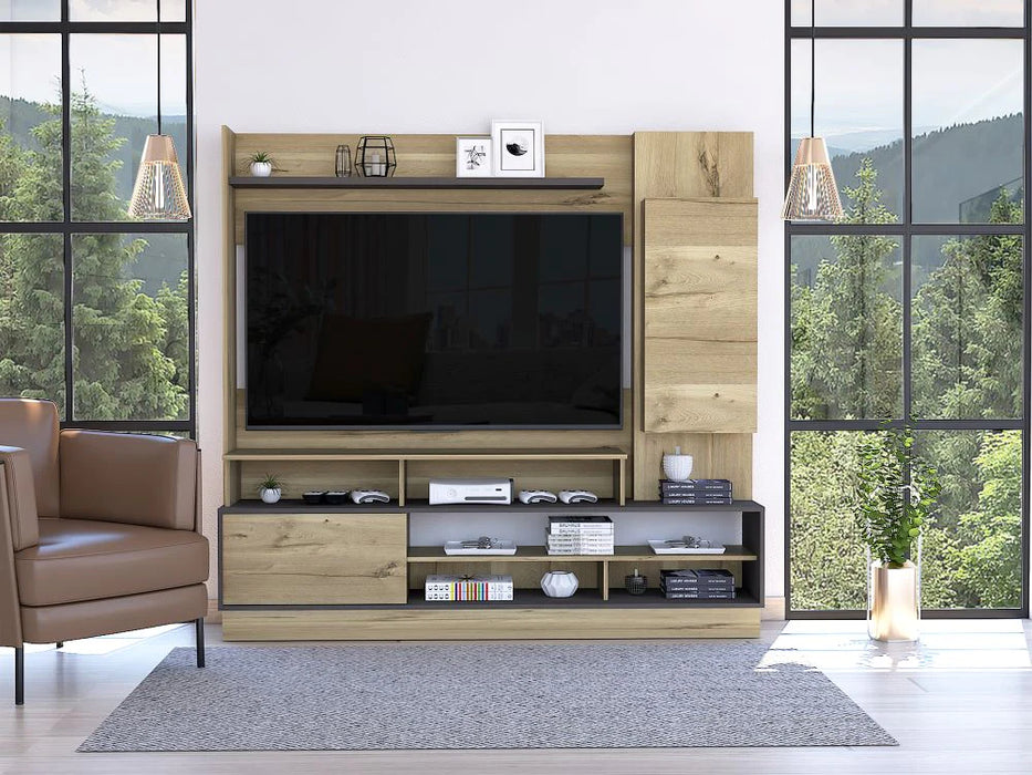 Mesa para tv maku, café claro y plata, con capacidad para televisor de 60 pulgadas