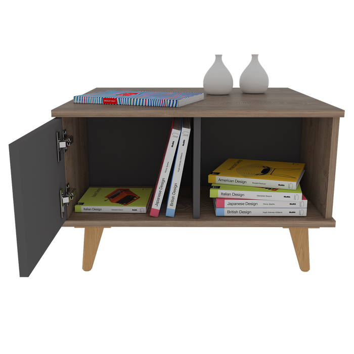 Mesa de Centro Nashira, Miel y Plata Oscuro, con Una Puerta y Patas de Madera