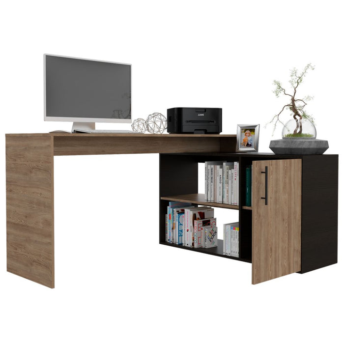 Escritorio En L Moscú, Miel y Wengue, con Un Cajón y Dos Entrepaños