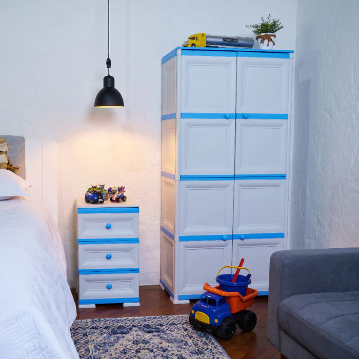 Mueble organizador elegance da vinci liso, infantil azul, con cuatro puertas batientes