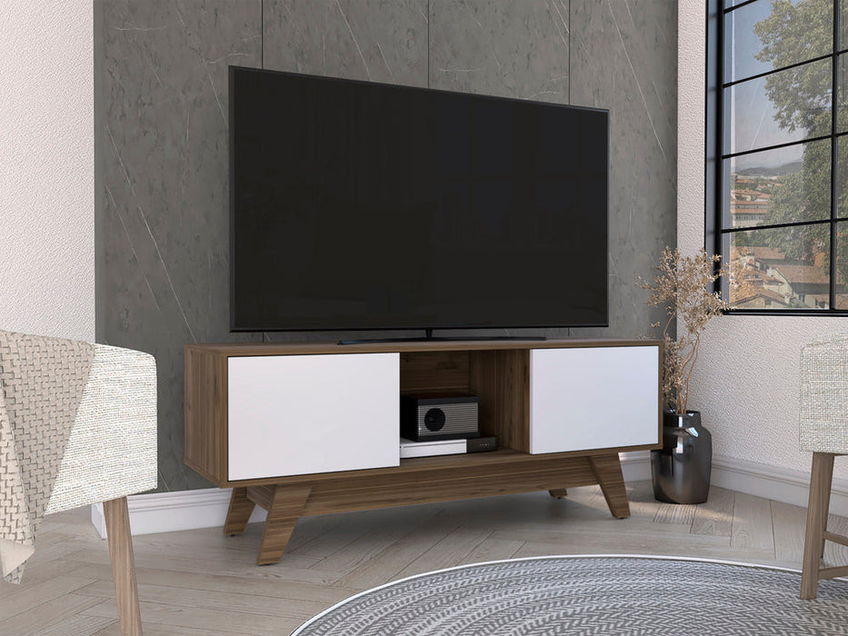 Mesa de tv rizzo, castaño y blanco duqueza, con espacio para televisor