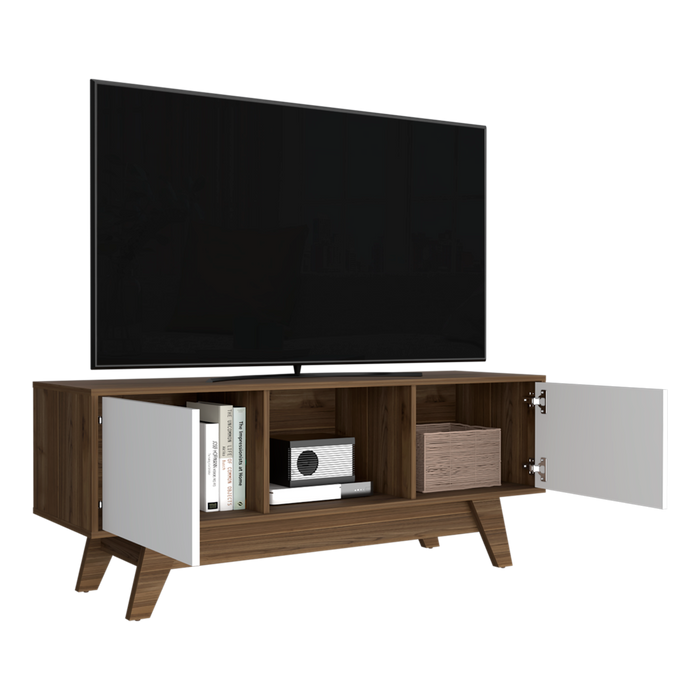 Mesa de tv rizzo, castaño y blanco duqueza, con espacio para televisor