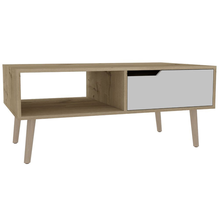 Mesa de Centro Raichel, Café Claro y Blanco, con Patas de Madera y Amplios Espacios Para Elementos Decorativos