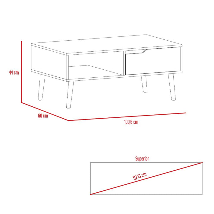 Mesa de Centro Raichel, Café Claro y Blanco, con Patas de Madera y Amplios Espacios Para Elementos Decorativos