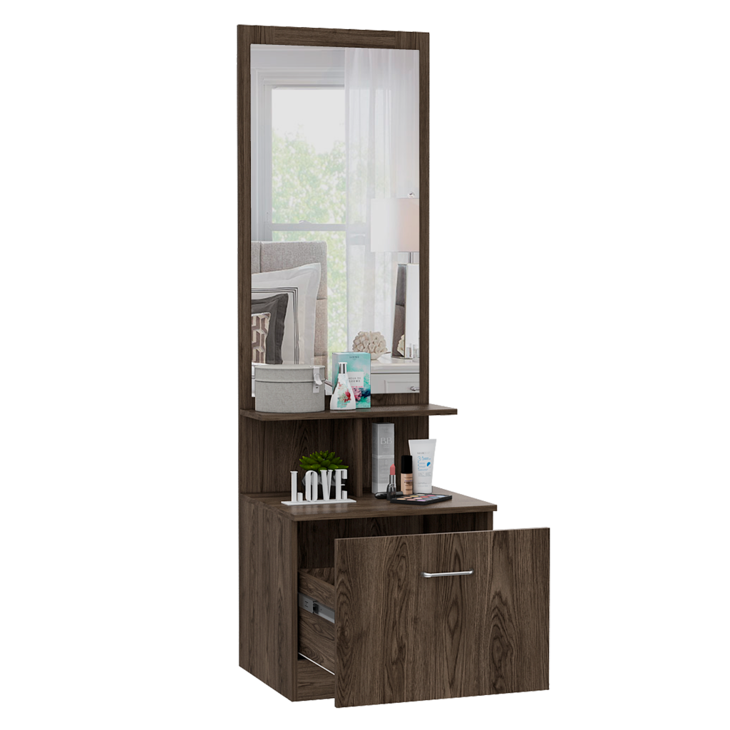 Tocador Zaha, Chocolate, con Espejo y Un Cajón Organizador