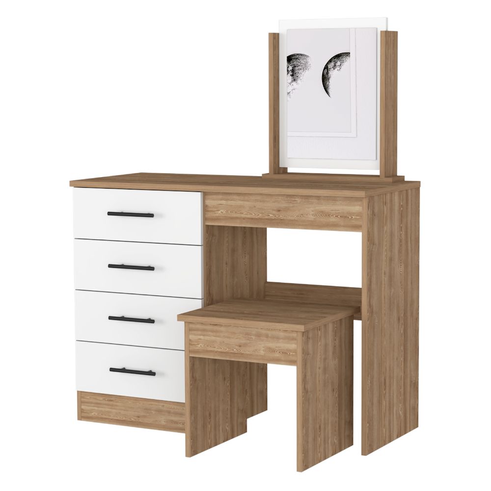 Mueble tocador wesley, miel y blanco, con cuatro cajones para