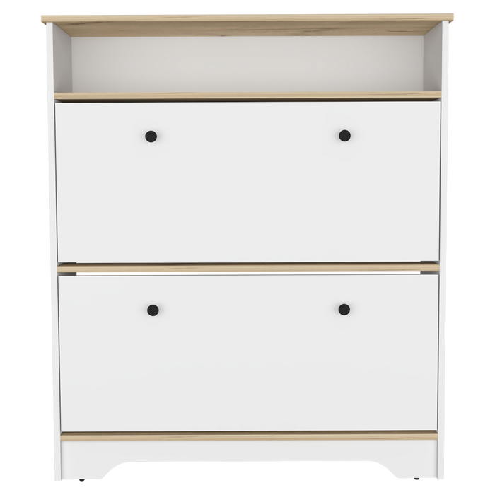 Zapatero merlín, miel y blanco vainilla, con dos puertas abatibles con manijas metálicas