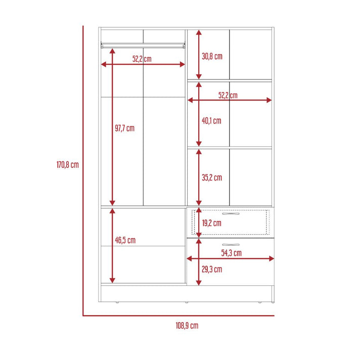 Closet Zoa, Chocolate y Blanco, con Cuatro Puertas Batientes, Un Cajón y Un Tubo Para Colgar Ropa