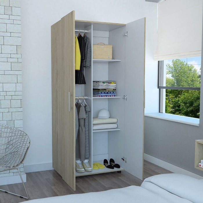 Closet Derek, Beige y Blanco, Dos Puertas Abatibles y Dos Tubos Cromados