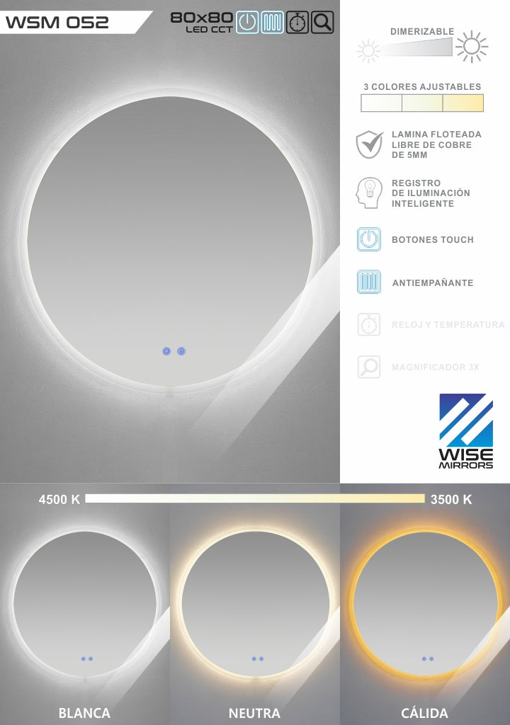 Espejo LED variable, antiempañante WSM052 circular 800 mm diámetro