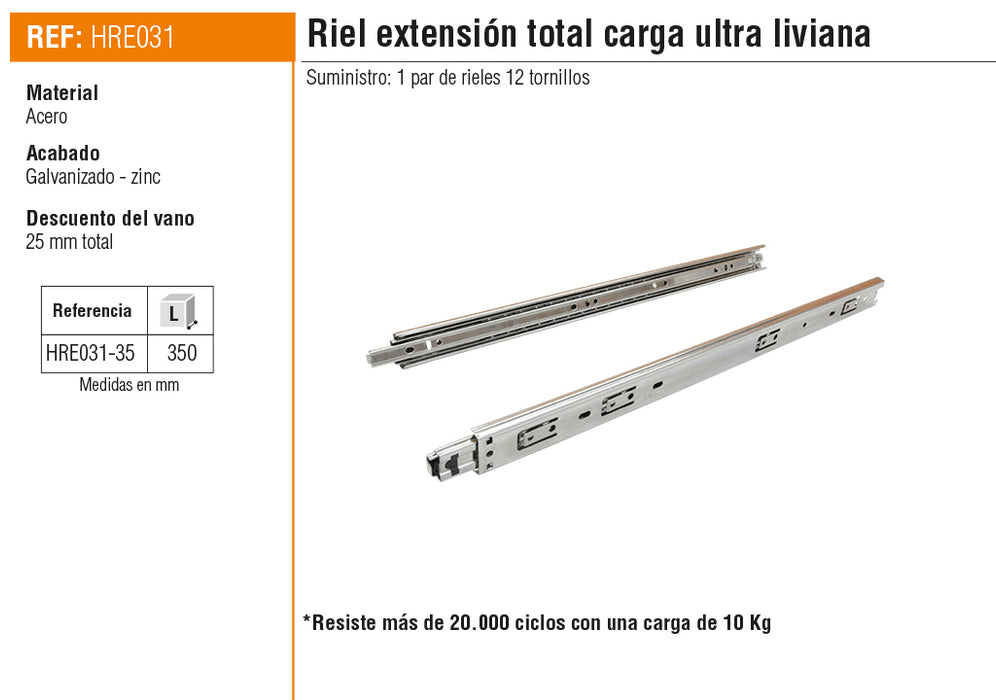 Riel extensión total carga ultra liviana 350 mm 10 kg acero